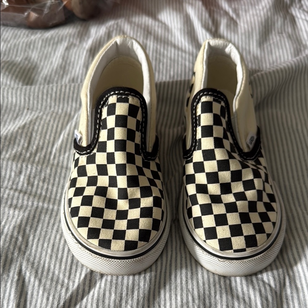 Vans Kids Black and Cream Checkered Slip-On Sneakers